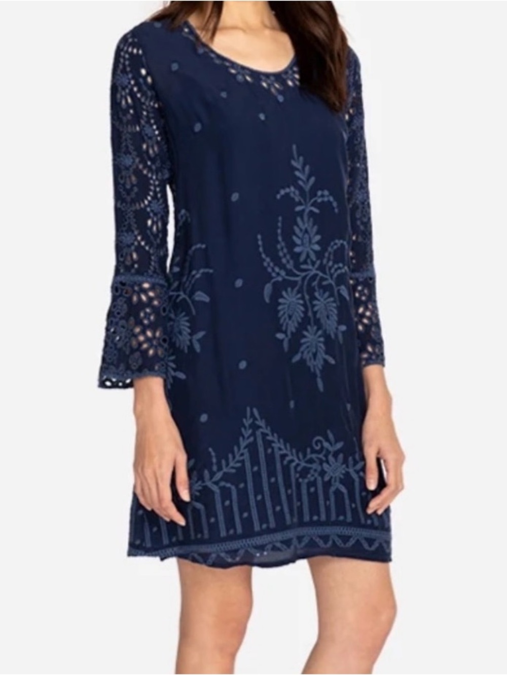 Johnny Was Conner Dress Sz M Indigo Blue Floral Eyelet Embroidered Boho Chic - Picture 2 of 16